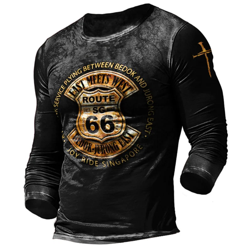 2024 Men's T-shirts Long Sleeve 3d Print Top Casual Cotton Vintage T Shirt Vintage Route 66 Tee Loose Sports O-neck Clothing 5xl