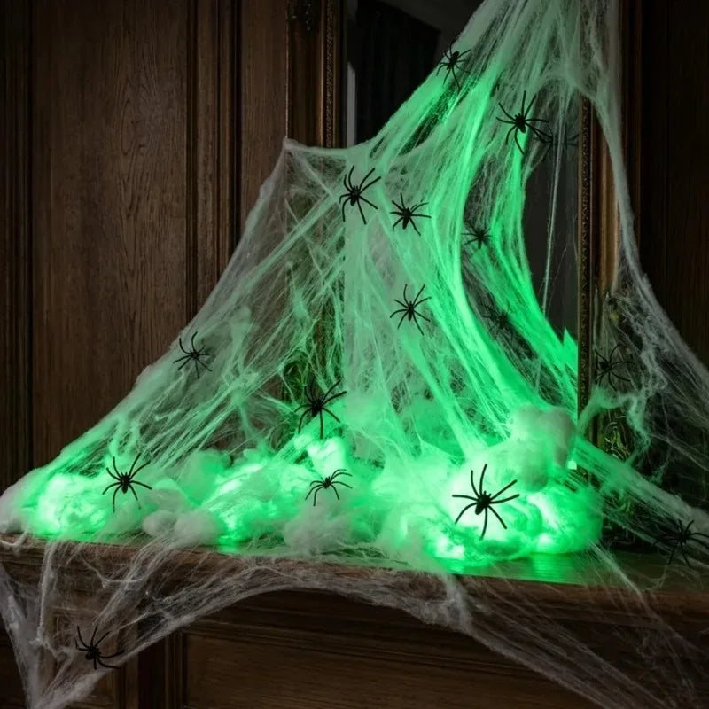 Luminous Fake Cobwebs with Spiders Halloween Glow in The Dark Spider Web Stretchy Spooky Webbing Cosplay Party Home Decor Props