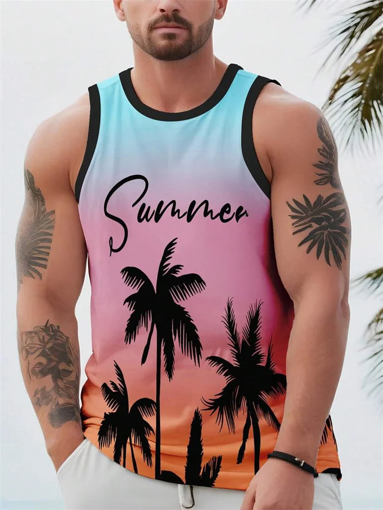 Summer Tank Top Men's Hawaii Beach Casual Clothing Quick Drying Silk Fit Sleeveless Shirt Mens Fashionable Body-Shaping Tank Top