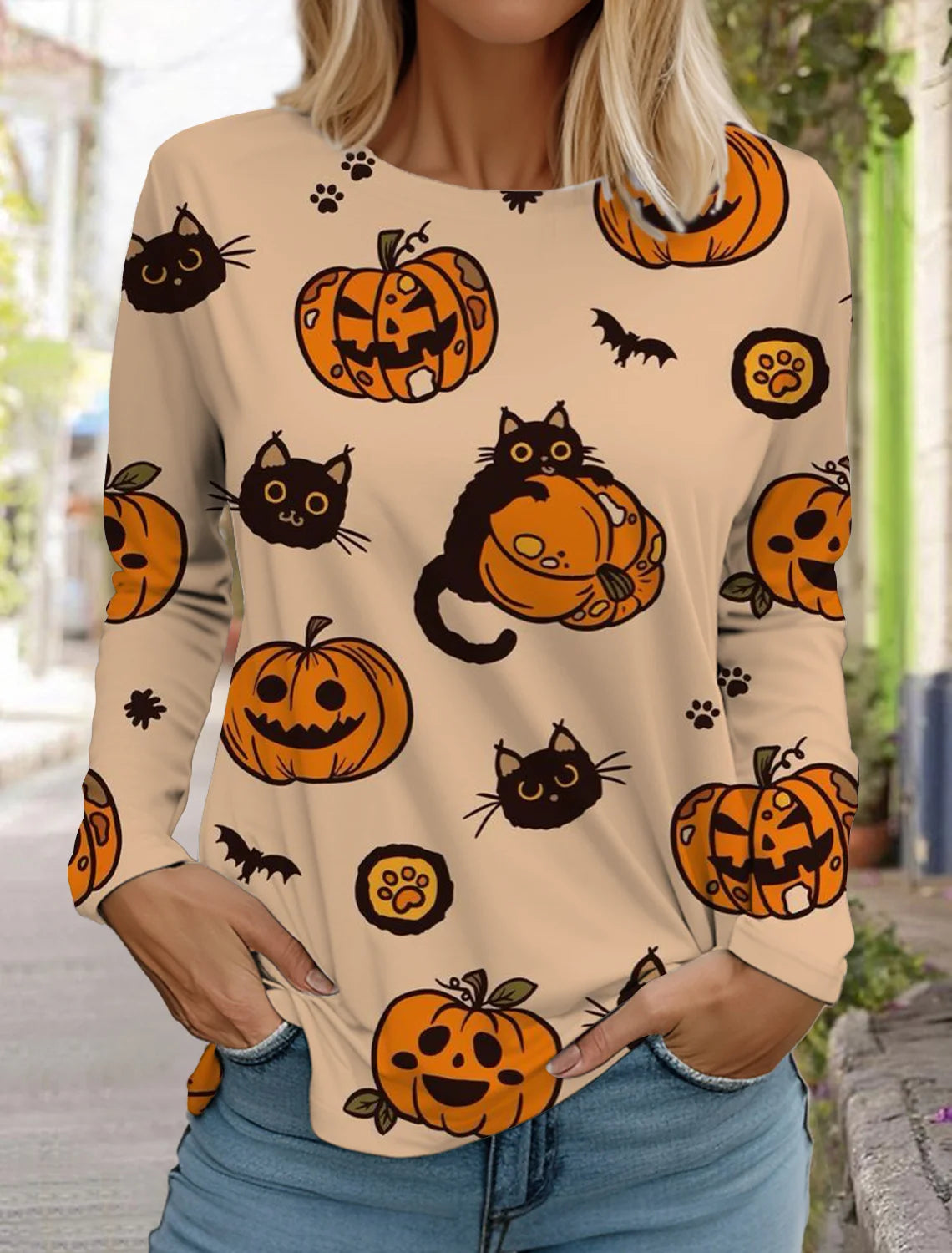 Halloween skull pumpkin print pullover autumn and winter women's casual long sleeve round neck sweatshirt men's clothing