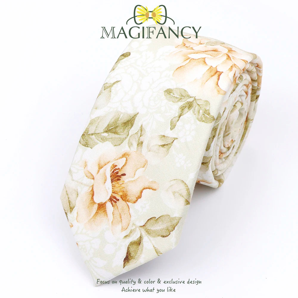 Top Hot Print Floral 6.5cm Necktie 100% Cotton Elegant Beige Sage Pink Men Wedding Party Daily Suit Shirt Cravat Gift Accessory