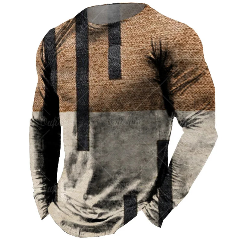 Vintage Men's Long Sleeve T-shirt Tops Plaid Print Autumn Oversized Sweatshirt Male O-neck Casual Daily Streetwear Men Clothing