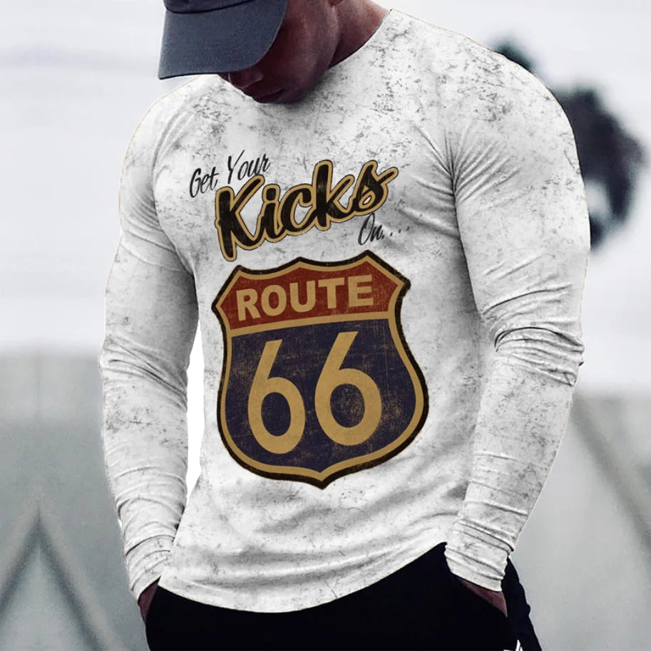 2024 Men's T-shirts Long Sleeve 3d Print Top Casual Cotton Vintage T Shirt Vintage Route 66 Tee Loose Sports O-neck Clothing 5xl