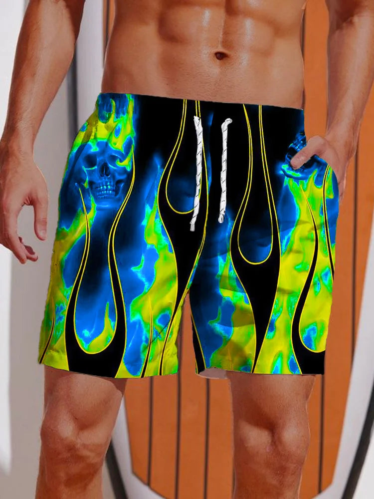 New Men's Summer Shorts Loose Luxury Shorts 3D Printed Casual Green Flame Printed Harajuku Shorts Hawaiian Beach Shorts