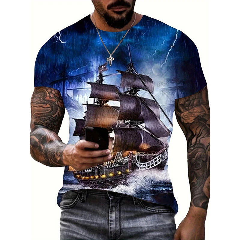 Sailing Ship Graphic T-Shirts Sailboat 3D Print Men Women T Shirt Short Sleeve Oversized Harajuku Y2k Tops Tees Kids Clothing