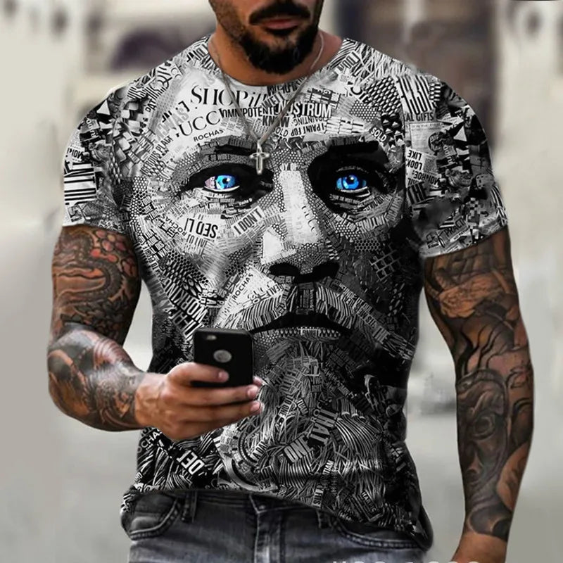 Men's short sleeved T-shirt, 3D digital printed T-shirt, head pattern, outdoor sports, fitness, new design large size 2024
