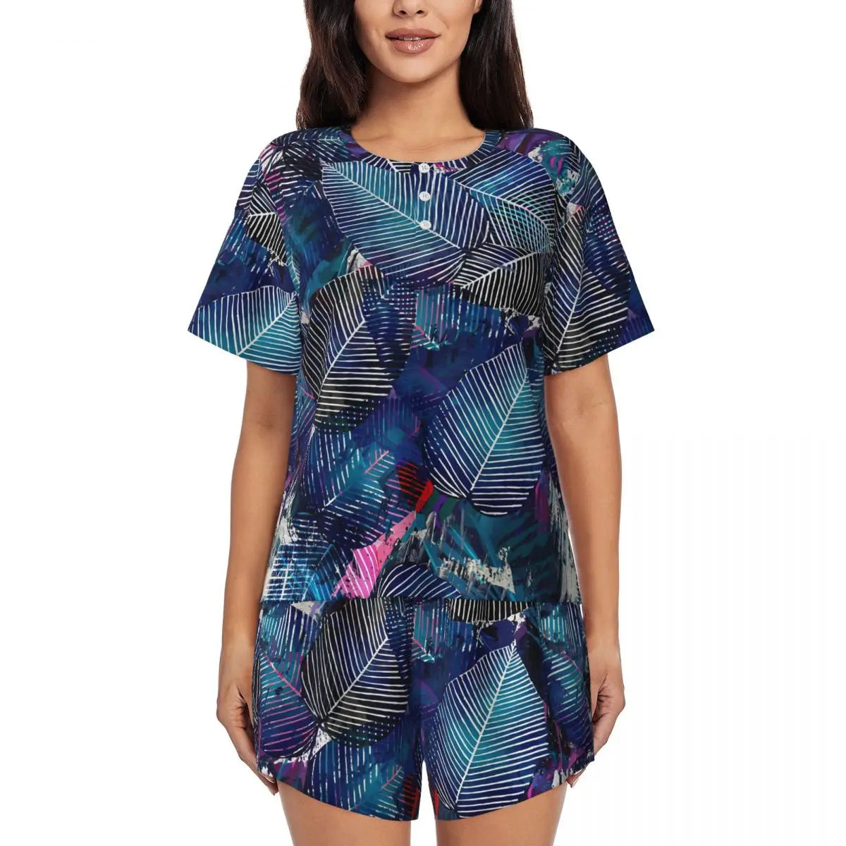 Green Leaf Print Pajamas Short Sleeve Lush Foliage 2 Pieces Leisure Pajama Sets Daily Woman O Neck Vintage Nightwear