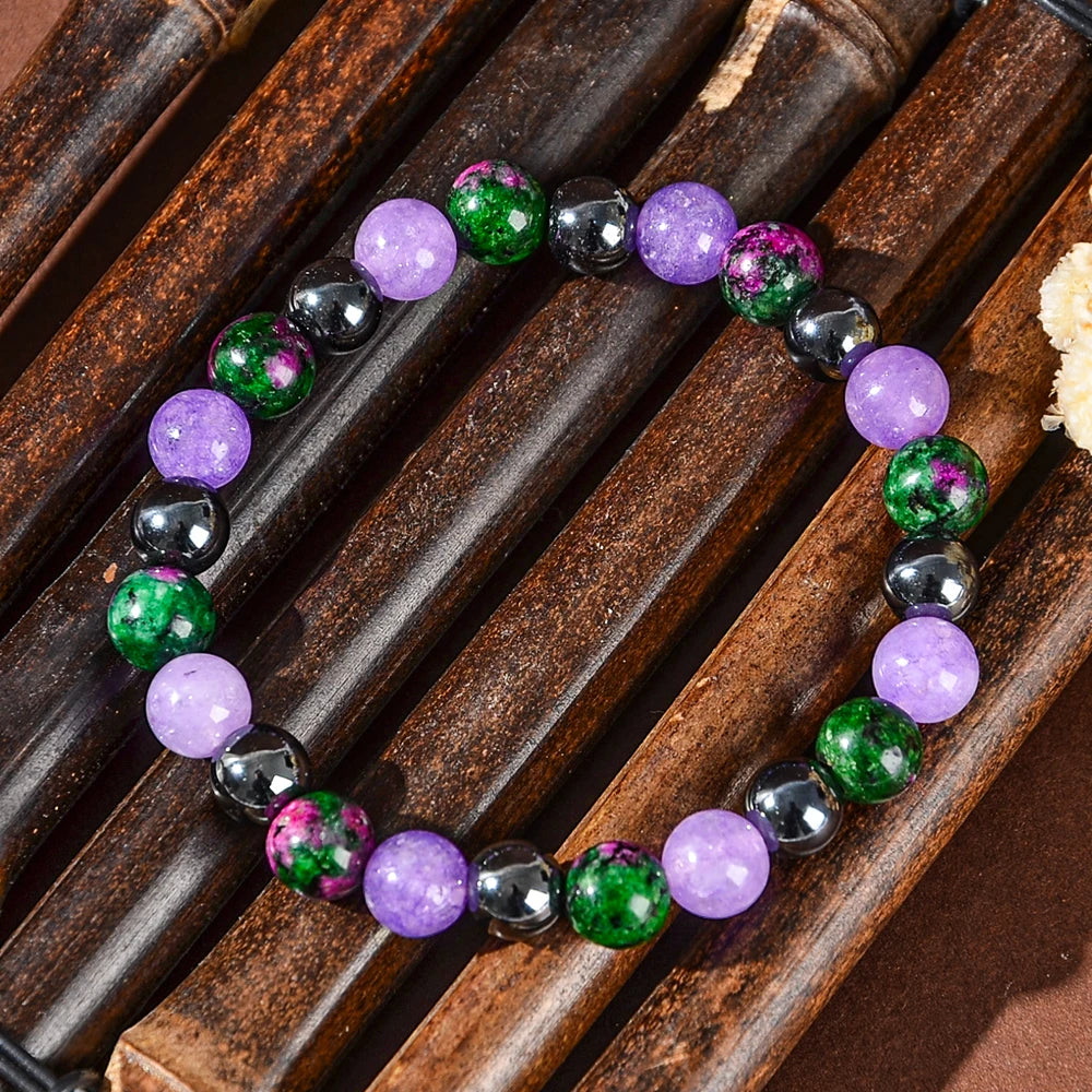 1 Piece of Depression-Healing Bracelet, Made of Natural Stone Including Flower-Green Stone and Purple Mica