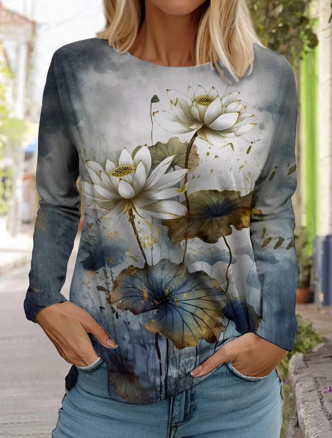 2024 women's fashion retro tops long sleeve round neck pullover casual long sleeve t-shirt new 3d printed lotus print t-shirt