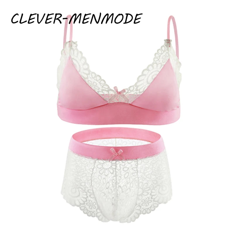 Men Sexy Crossdressing Erotic Sissy Lingerie See Through Mesh Lace Gay Underwear Male Bra Top Transparent Boxers Fetish Customs