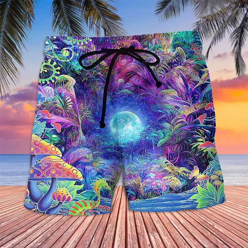 3D mushroom print men's casual shorts Tropical summer vitality style fashion shorts, quick-drying and comfortable close-fitting