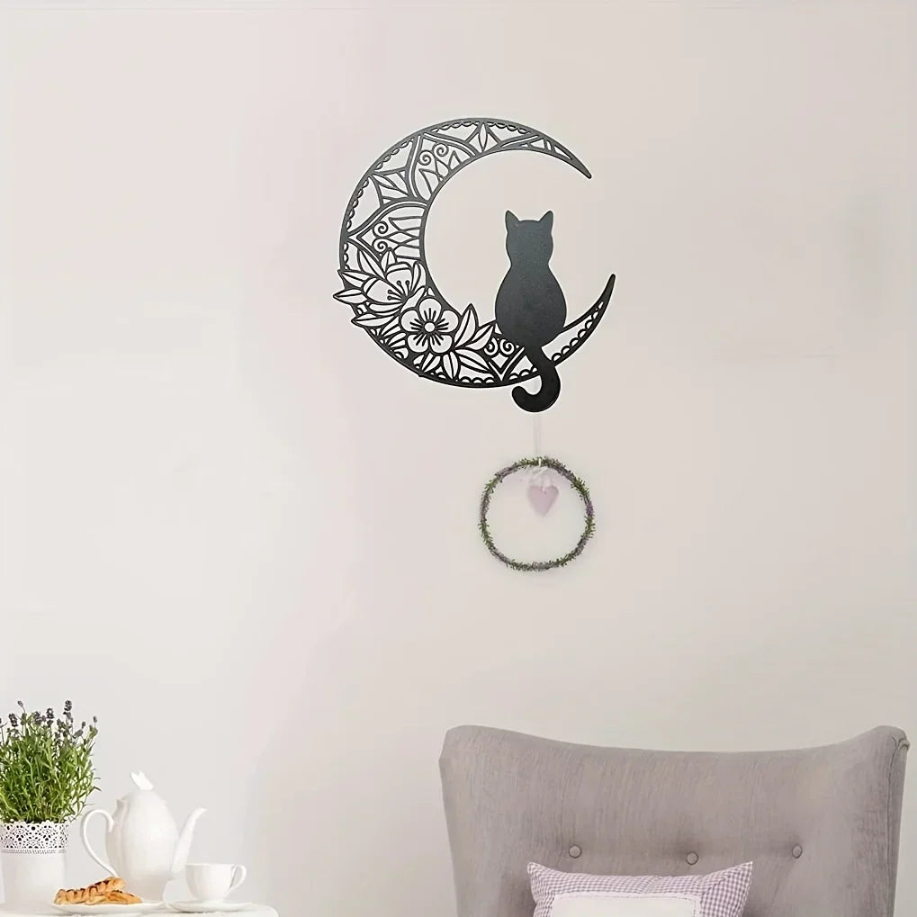 HelloYoung Black Cat On The Moon Wall Pediments, Cat And Moon Metal Wall Decor, Cat Wall Sculpture for Cats Lover, Home Decor