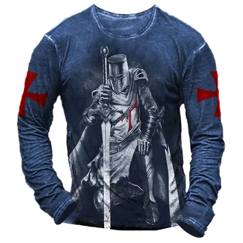Templar Knight Print Retro Fashion Casual Men's Round Neck Long Sleeve Street Hip Hop Extra Large Speed Drying Wearing T-shirt