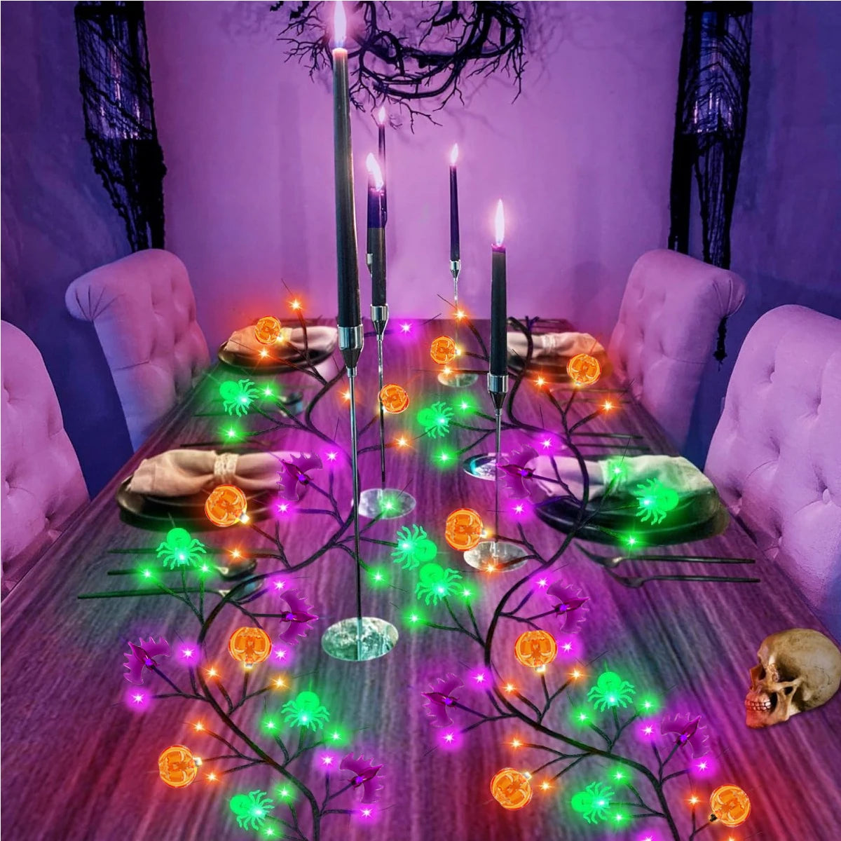 1PC 54 LED Halloween Decorative Black Willow Vine Lights With Orange Pumpkin Purple Bat Green Spider Waterproof 8 Light Modes
