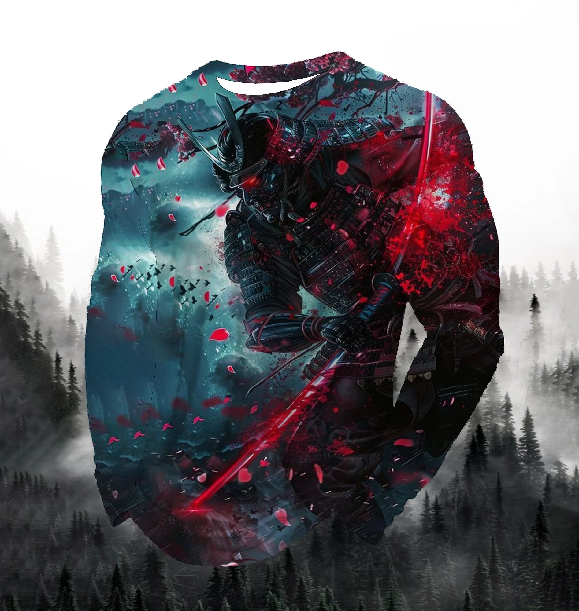 2024 Men's Fashion Printed Round Neck Long Sleeve Autumn Sports Leisure Pullover Men's 3D Japanese Samurai Printed Loose Tops