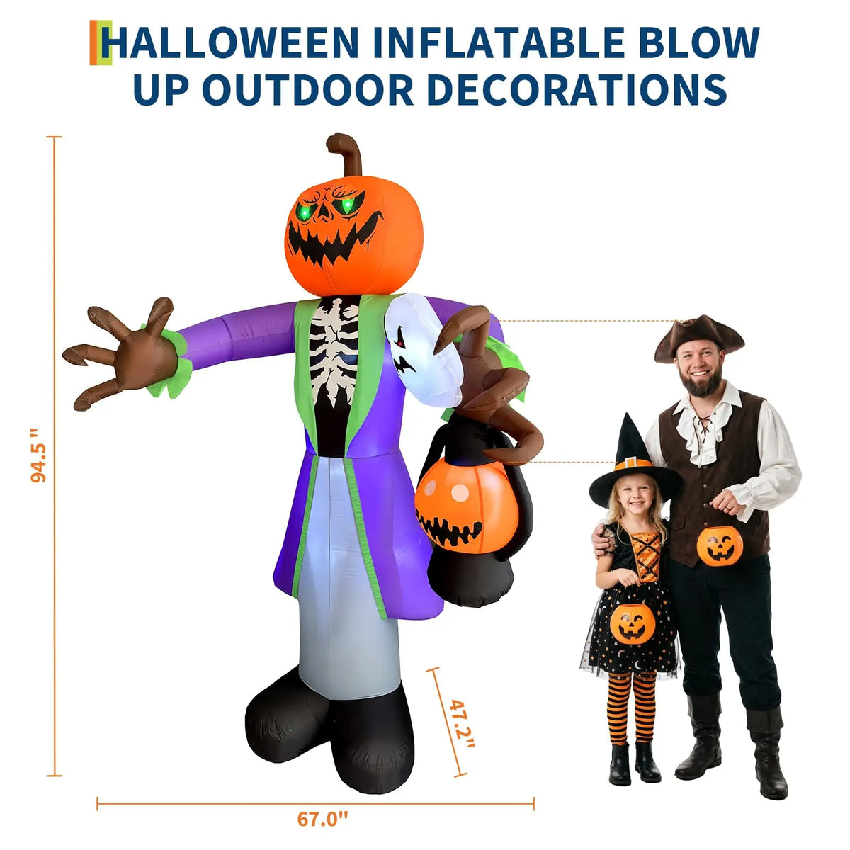 8ft Outdoor Lighted Halloween Inflatable Pumpkin Zombie with LED Lantern