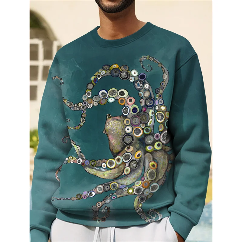3D Print Japanese Ukiyoe Wave Hoodie For Men Devil Fish Jellyfish Graphic Sweatshirt Casual O-Neck Pullover Hoodies Long Sleeves