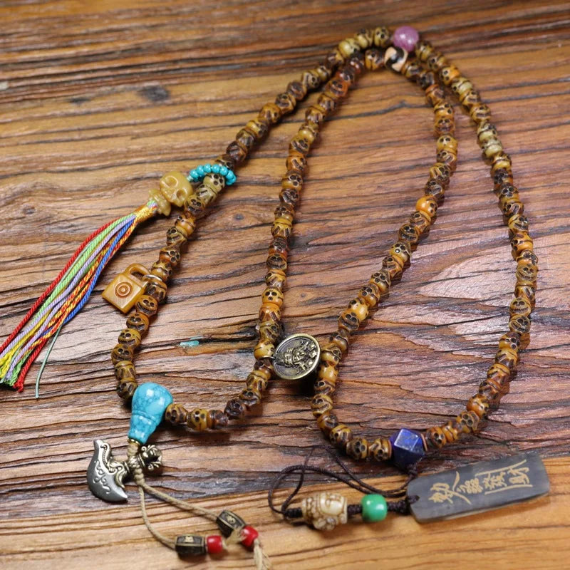 Yak A-Dai smiling face 108-bead Buddhist prayer beads DIY turquoise cow bone and iron accessories