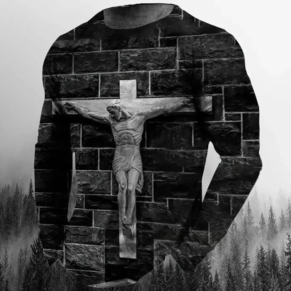 Fashion Casual Men's Long Sleeve T-Shirt 3d Printed Retro Jesus Christ Street Personality Loose O Collar Harajuku Oversized Top