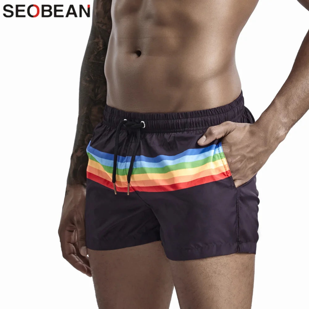 SEOBEAN Summer Men's Shorts 100% Polyester Quick Dry Beach Shorts Fashion Holiday Casual Board Shorts Stripes Shorts For Man