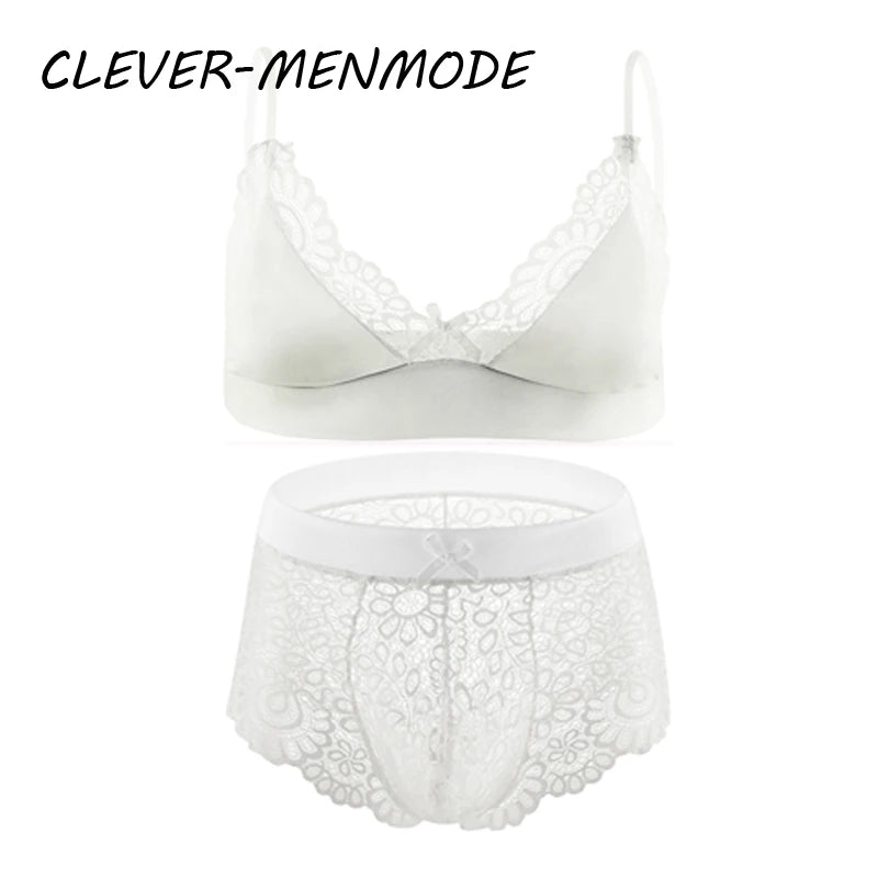 Men Sexy Crossdressing Erotic Sissy Lingerie See Through Mesh Lace Gay Underwear Male Bra Top Transparent Boxers Fetish Customs