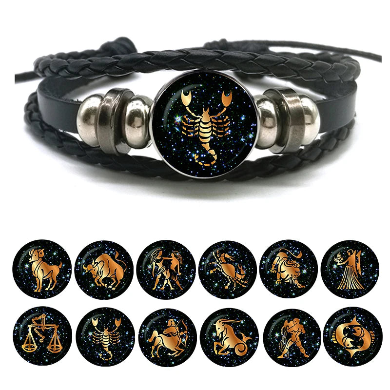 12 Zodiac Signs Leather Bracelet for Men Women Virgo Libra Scorpio Aries Taurus Braided Rope Bracelets Birthday Gift Wholesale