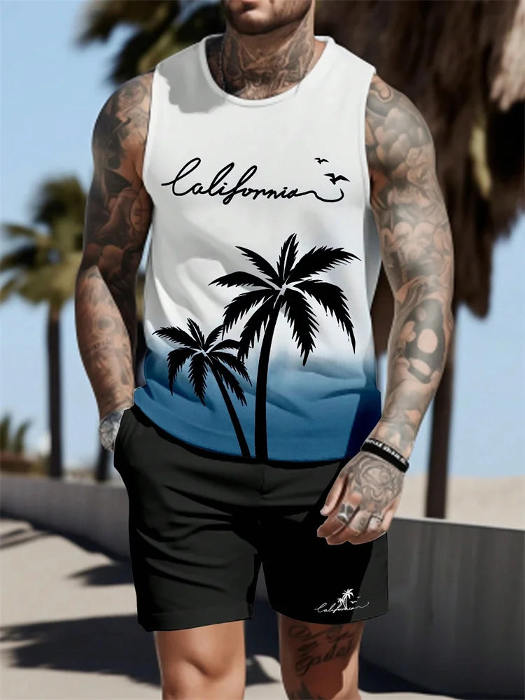 Summer Tank Top Men's Hawaii Beach Casual Clothing Quick Drying Silk Fit Sleeveless Shirt Mens Fashionable Body-Shaping Tank Top