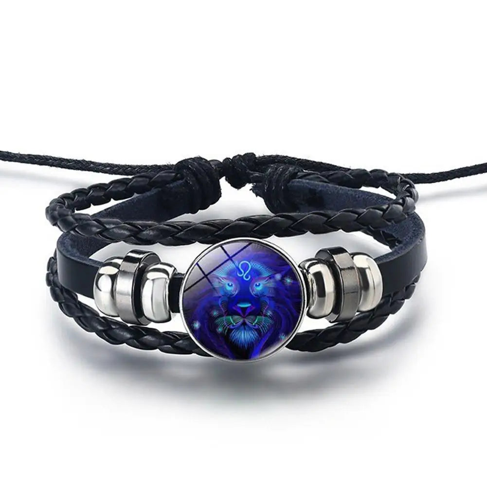 12 Constellation Gem Leather Bracelet Men Women Glass Bracele Couple Leather Multilayer Weave Birthday Gift Bangle Gem