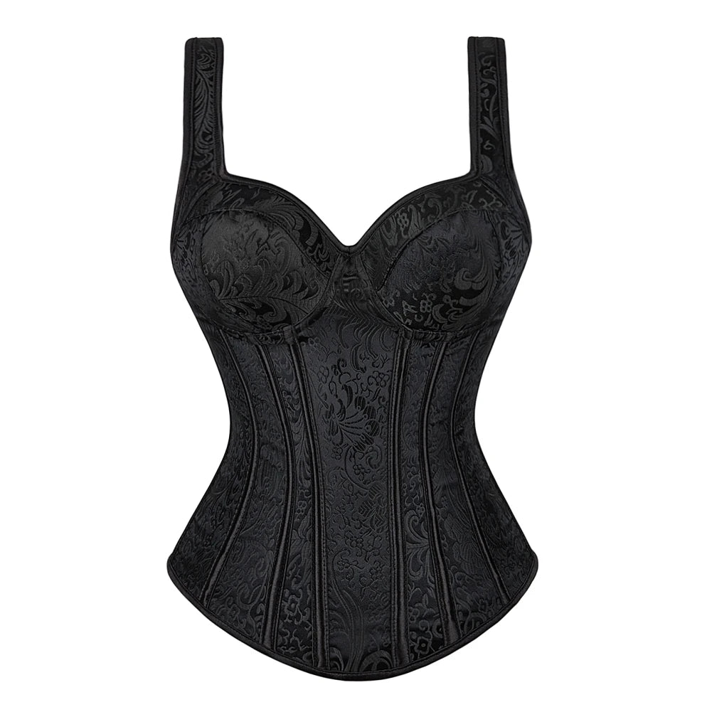 Steampunk Straps Overbust Corset With Cup Zipper Sexy Jacquard Floral Corset Waist Cincher Bustier Lingerie Top Plus Size