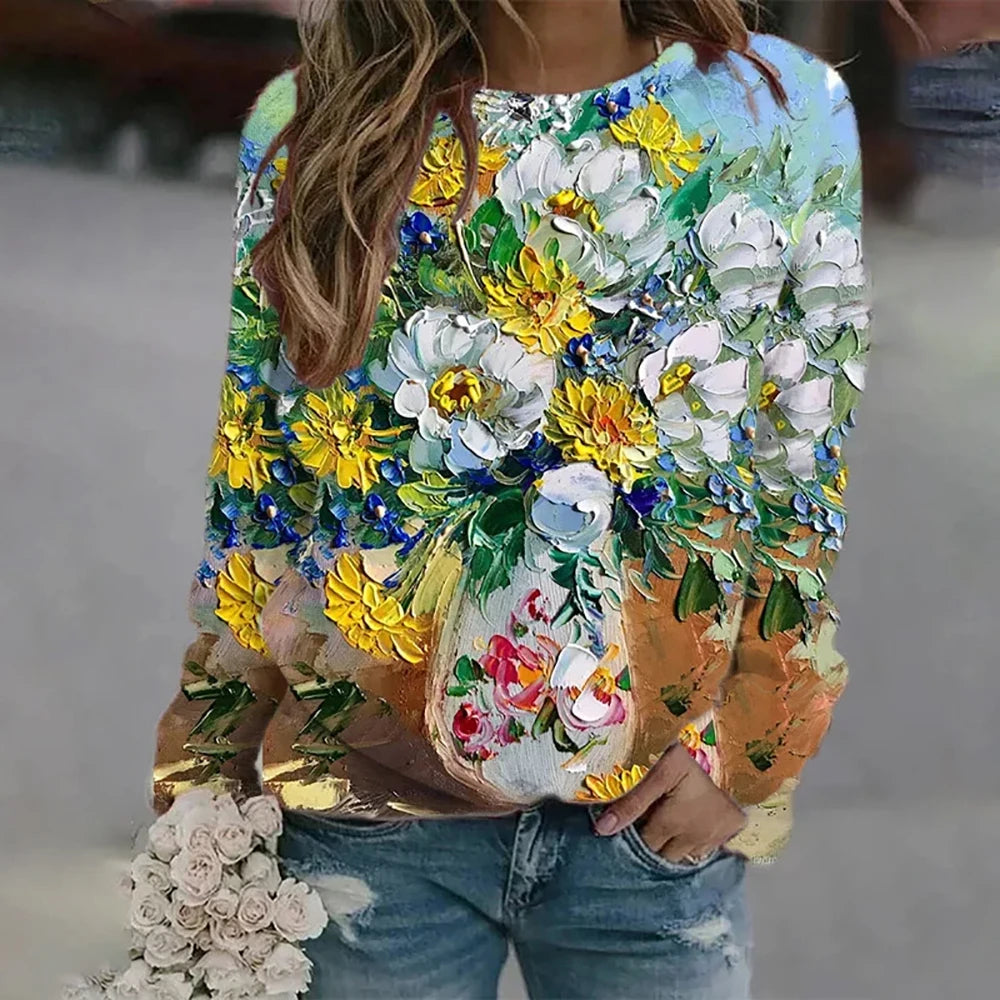 Women's Oil Painting Floral Print Long Sleeve T-Shirt Casual Crewneck Streetwear Tops Pullover Homewear