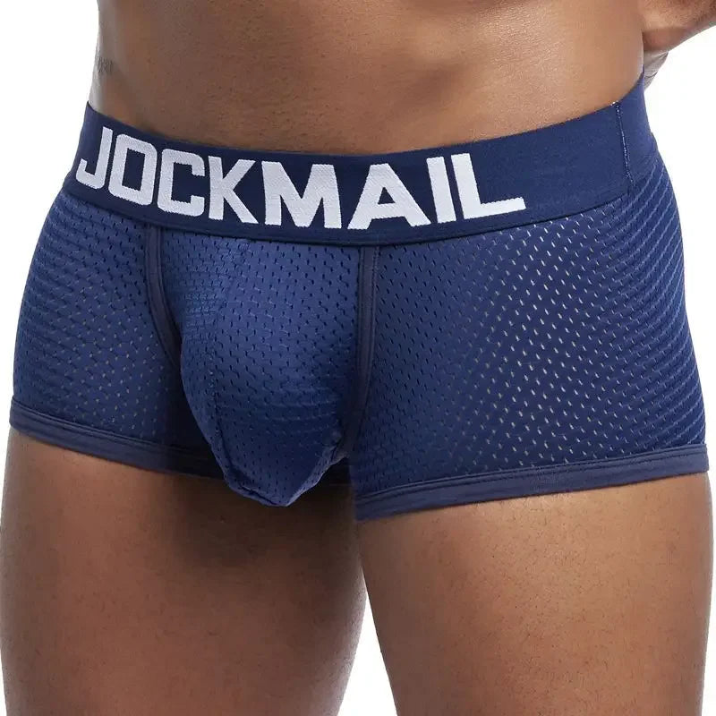 Jockmail Boxers Sexy Mens Panties Mesh Quick-drying Breathable Calzoncillos Solid Color Simple Boxers Hombre Semi-transparent