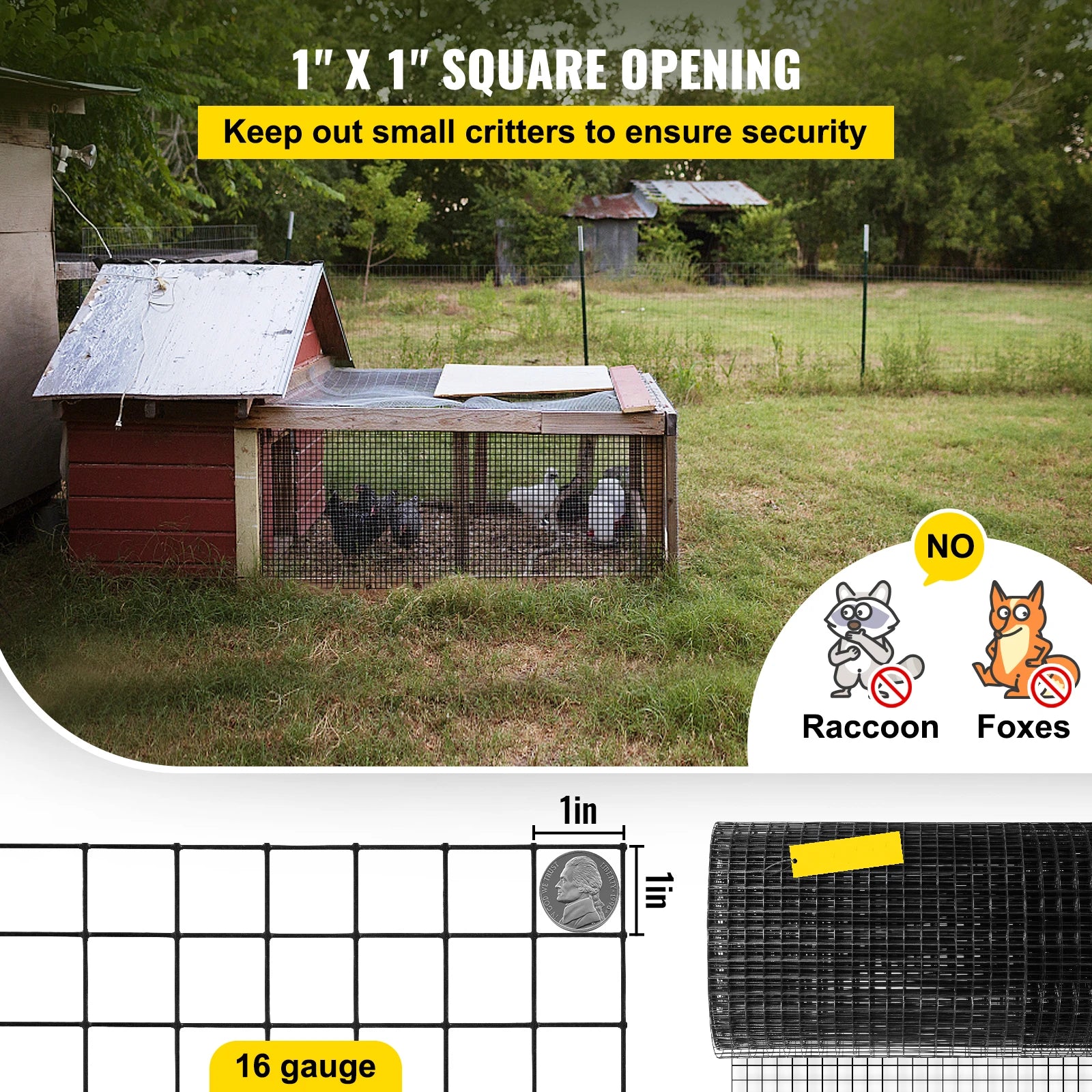 SucceBuy Welded Wire Fence Vinyl Coated Chicken Rabbit Mesh 1"x1" 16 Gauge 24"x50'/24"x100'/36"x50' Black Hardware Cloth & Mesh
