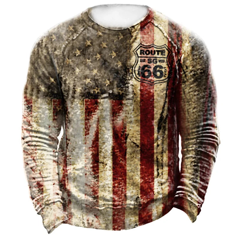 2024 Men's T-shirts Long Sleeve 3d Print Top Casual Cotton Vintage T Shirt Vintage Route 66 Tee Loose Sports O-neck Clothing 5xl