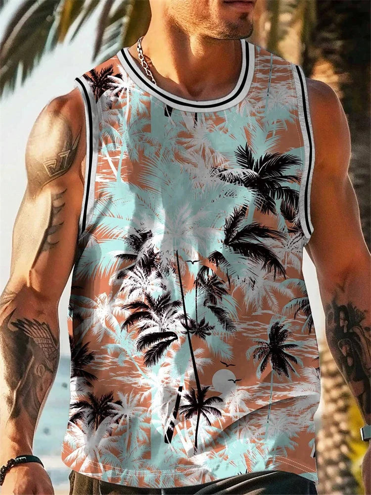Summer Tank Top Men's Hawaii Beach Casual Clothing Quick Drying Silk Fit Sleeveless Shirt Mens Fashionable Body-Shaping Tank Top