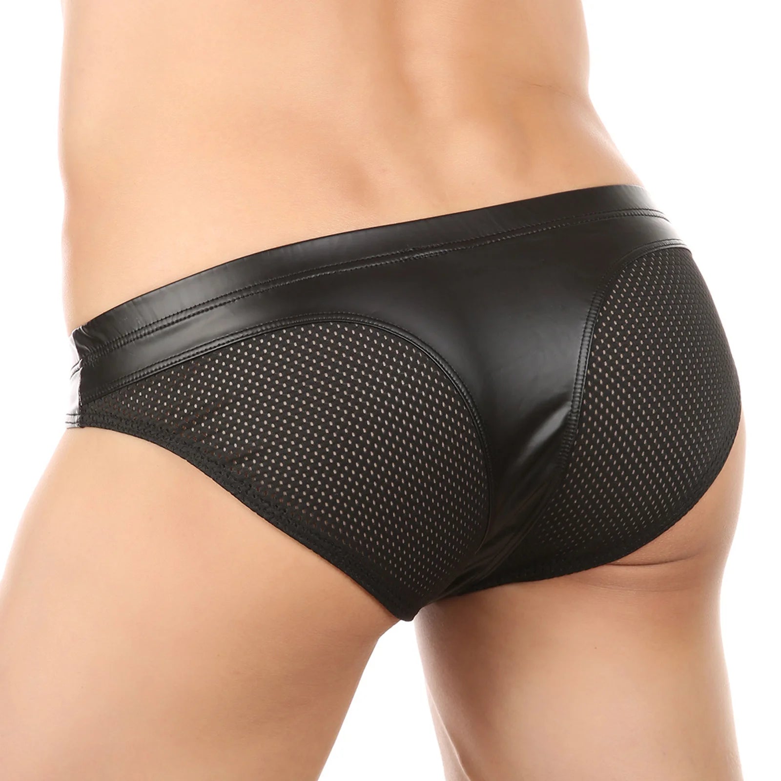 Sexy Pu Leather Briefs Mesh Butt Men Underwear Panties Penis Pouch Bikini Underpants Slips Lingerie hombre