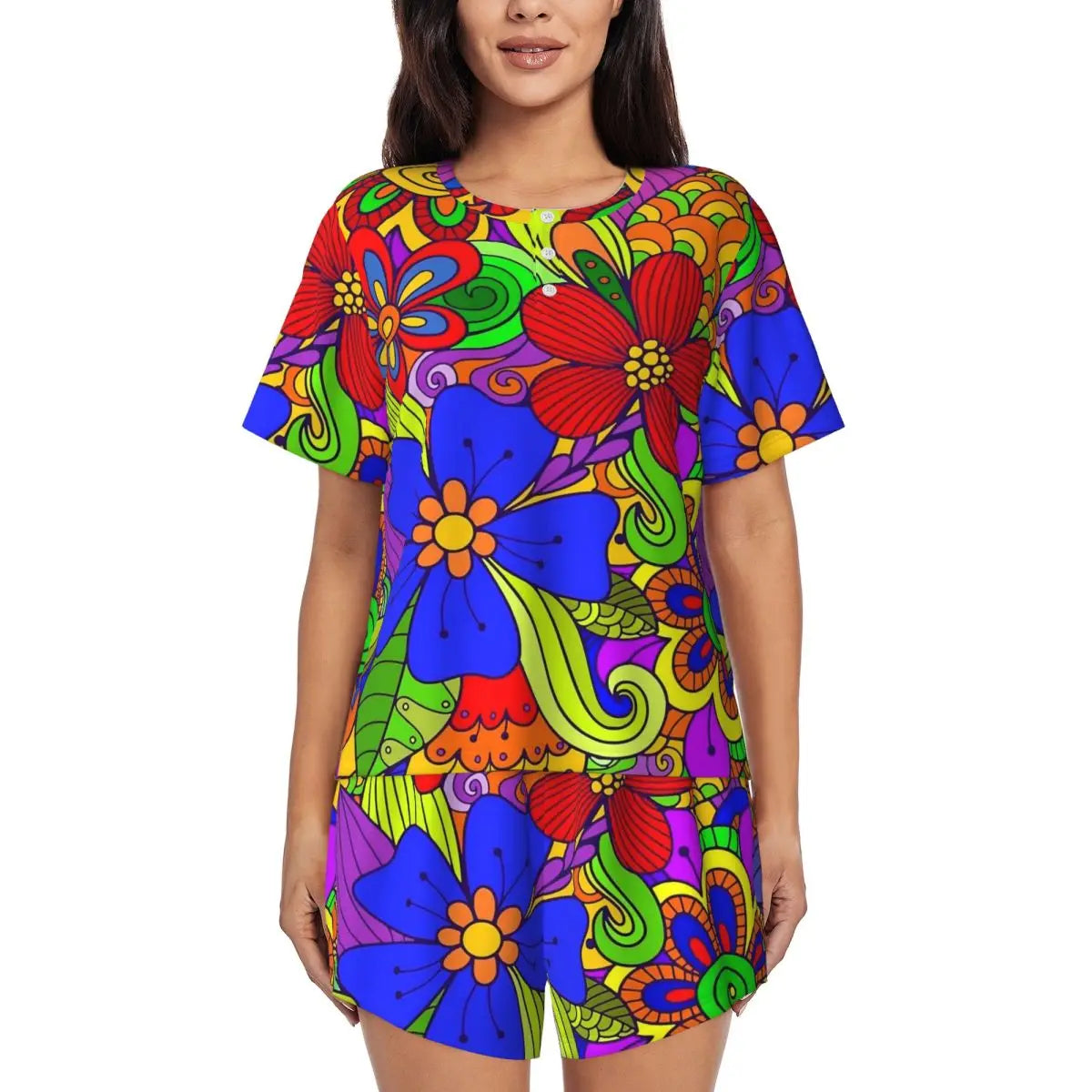 Flower Power Pajamas Spring 2 Pieces Purple Hippie Cute Pajama Sets Lady Short Sleeve O Neck Casual Custom Nightwear