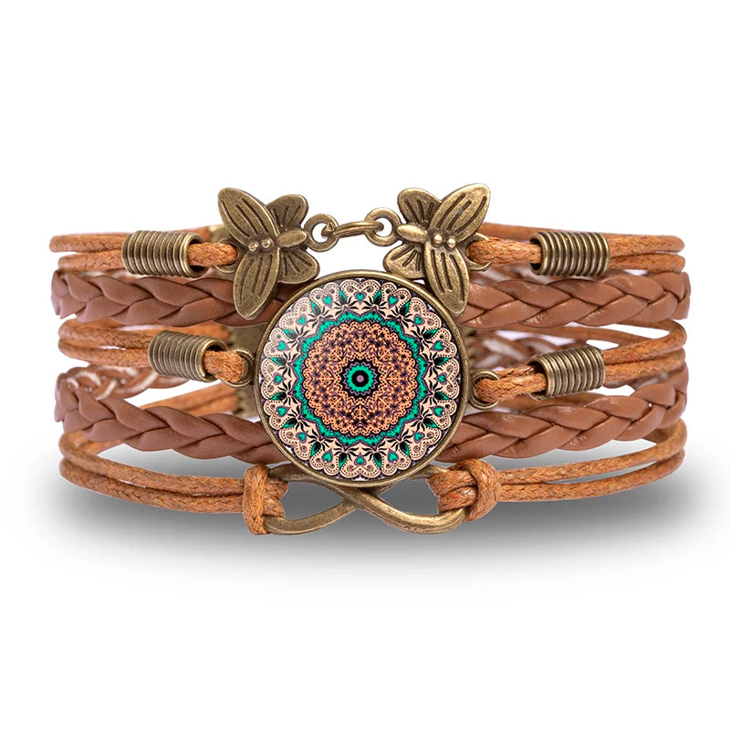Vintage Mandala Flower Glass Dome Wrap Bracelet Brown Multilayer Woven Leather Bracelets For Women