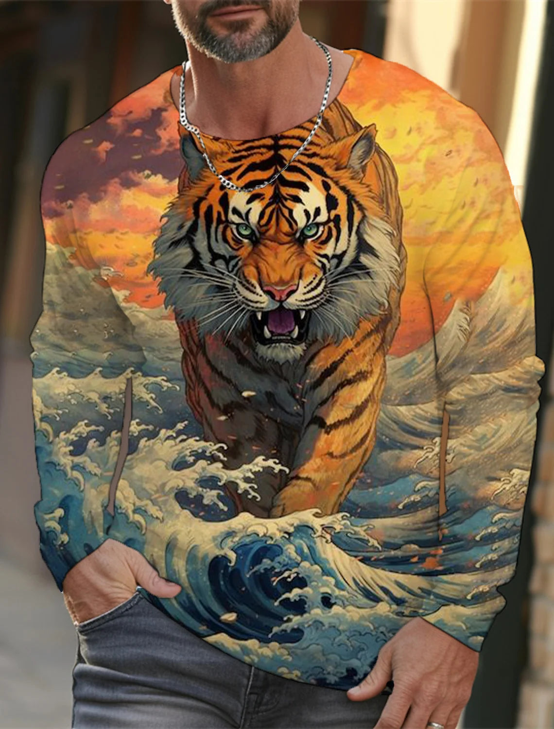 2024 new men's Ukiyoe long-sleeved T-shirt 3D printed high-definition tiger print men's autumn tops casual round neck T-shirt