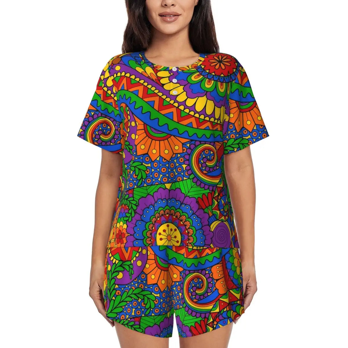 Flower Power Pajamas Spring 2 Pieces Purple Hippie Cute Pajama Sets Lady Short Sleeve O Neck Casual Custom Nightwear