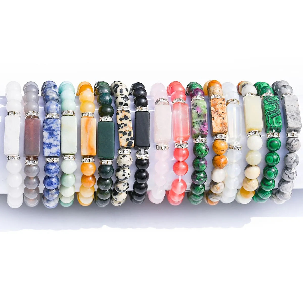 Natural Stone Bracelet: Featuring Rectangular Rose Quartz Plaques, Round Beads, Agate, Obsidian, and Raw Amazonite