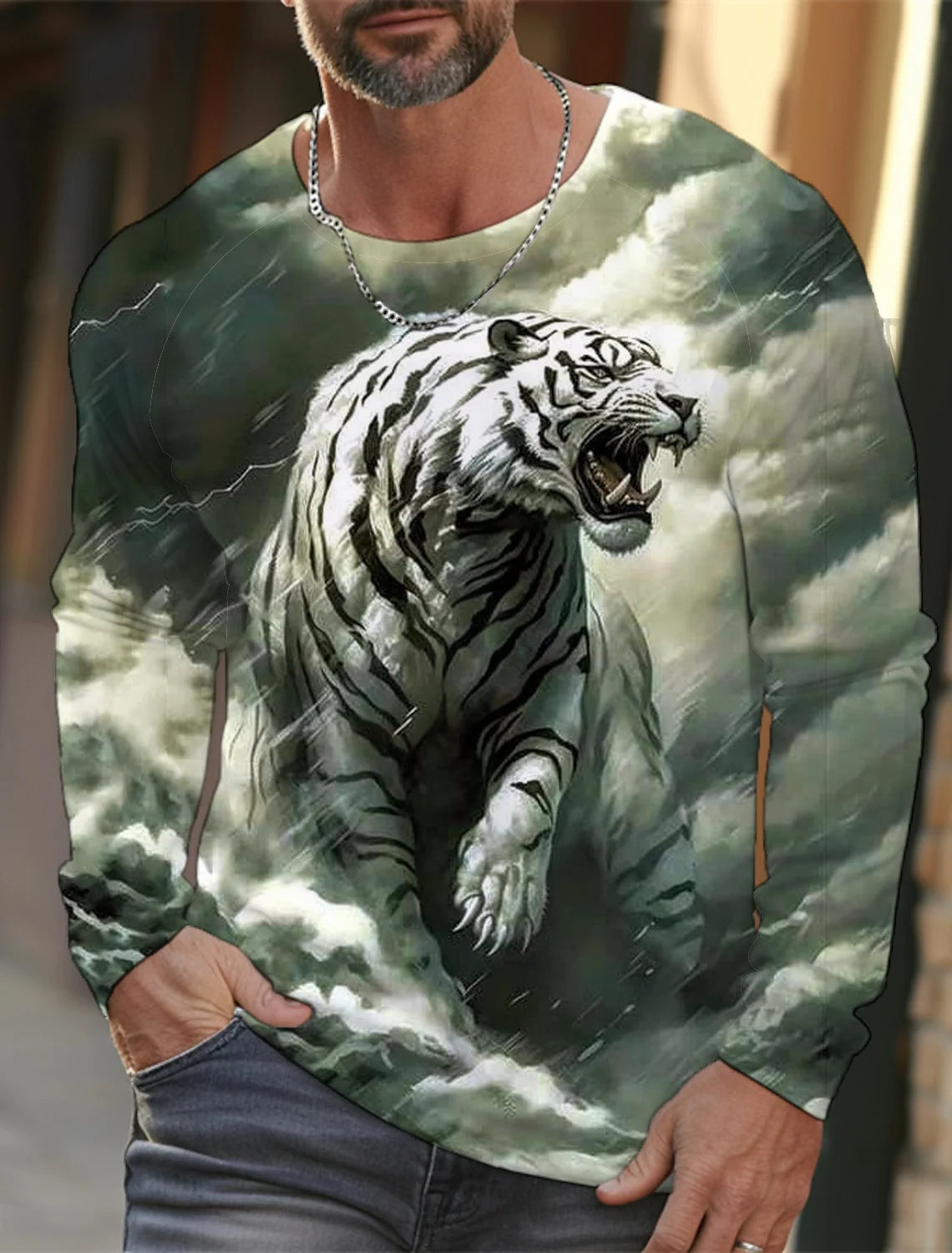 2024 New Tiger Print Pullover Autumn Winter Men's Casual Long Sleeve Round Neck Sweatshirt Streetwear Harajuku Men's Wear