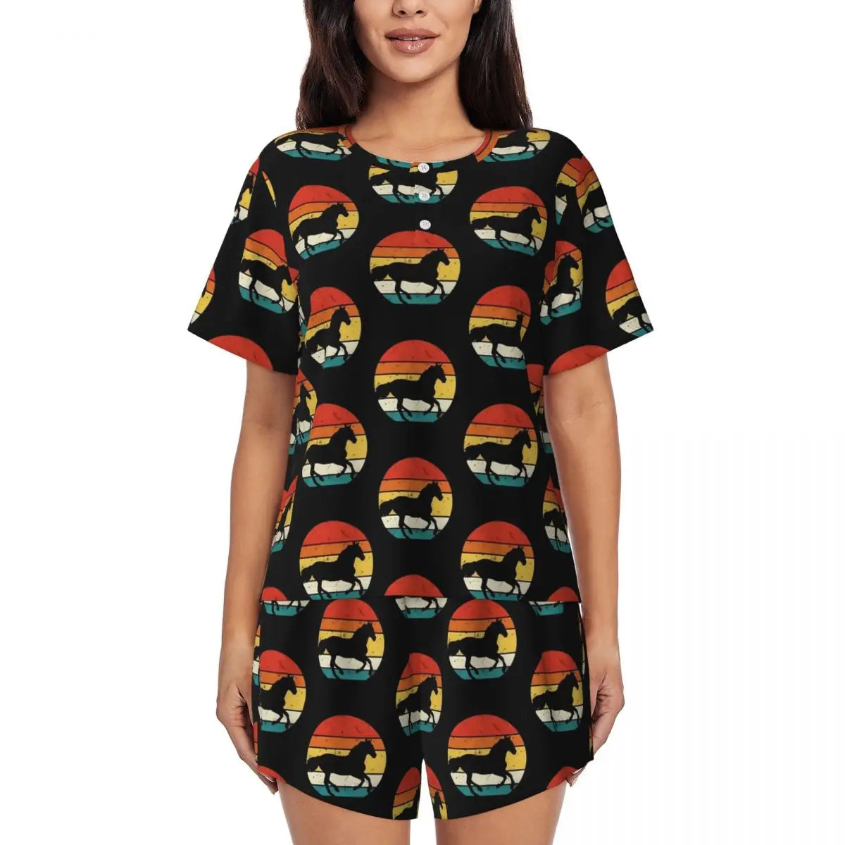 Horse Race Pajamas Summer 2 Pieces 1930s Classic Art Cute Pajama Sets Womens Short-Sleeve O Neck Night Pattern Sleepwear
