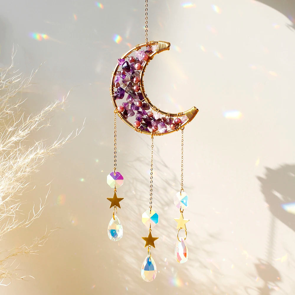 Amethyst Suncatcher Moon Crystal Gemstone Windchime Sun Catcher Home Decor Rainbow Crystal Window Yard Garden Decoration Outdoor