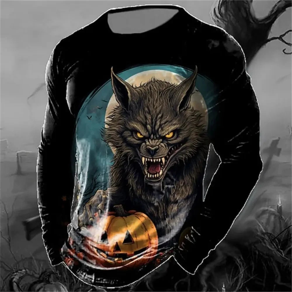 Men's Long Sleeve T-shirt Winter 3D Animal Print T Shirts Street Fashion Wolf Pattern Tops Tees Oversized Men's Clothing