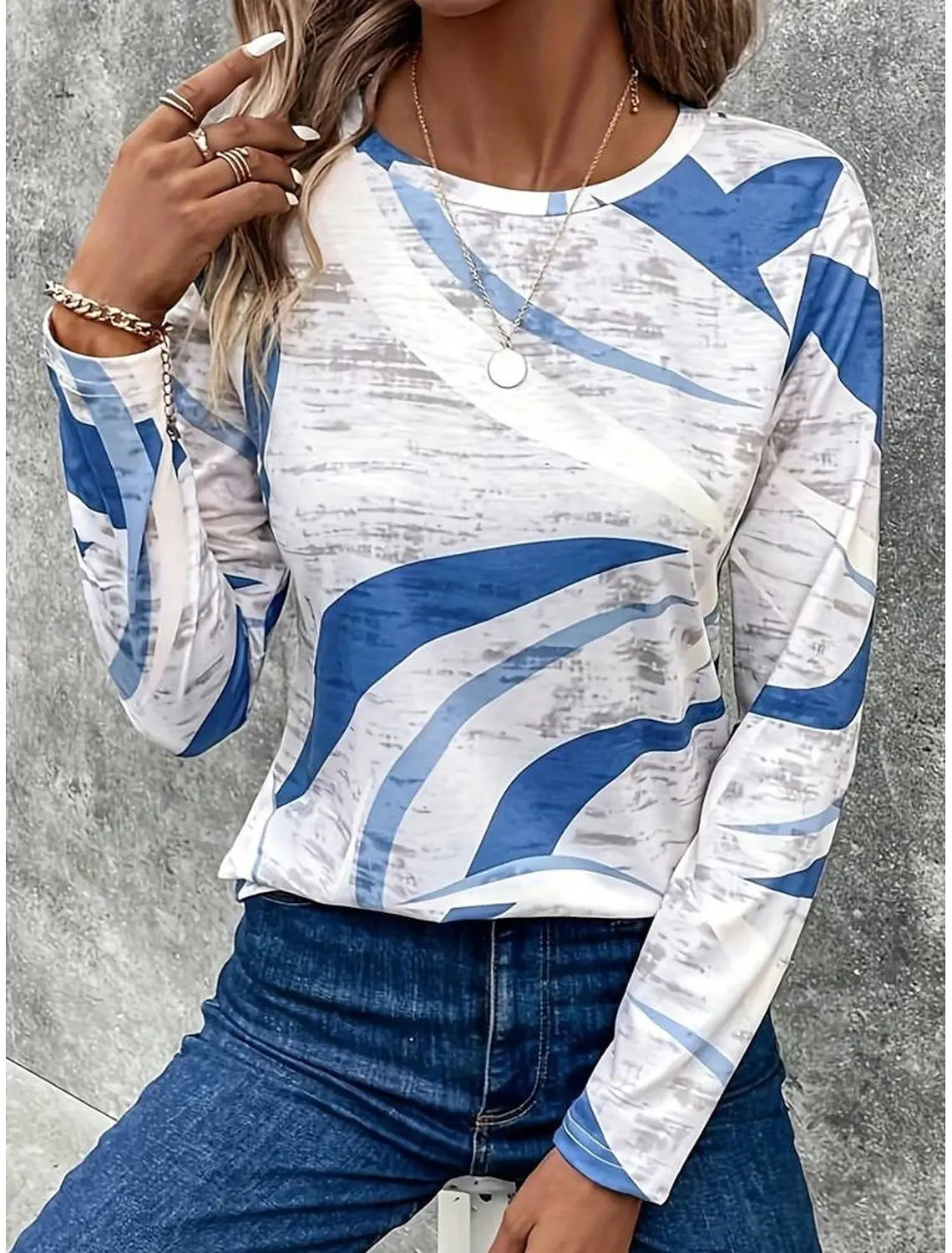 Gradient Stripe Printed Pullover Autumn and Winter Casual Long Sleeve Round Neck Sweatshirt Plaid Pattern Women's Clothing