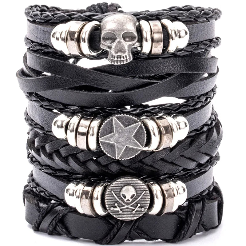 1 Fashion Bracelet Viking Bracelet For Men Hand Bracelets Woven Skull Hand Jewelry Adjustable Leather Set Bracelet For Leather