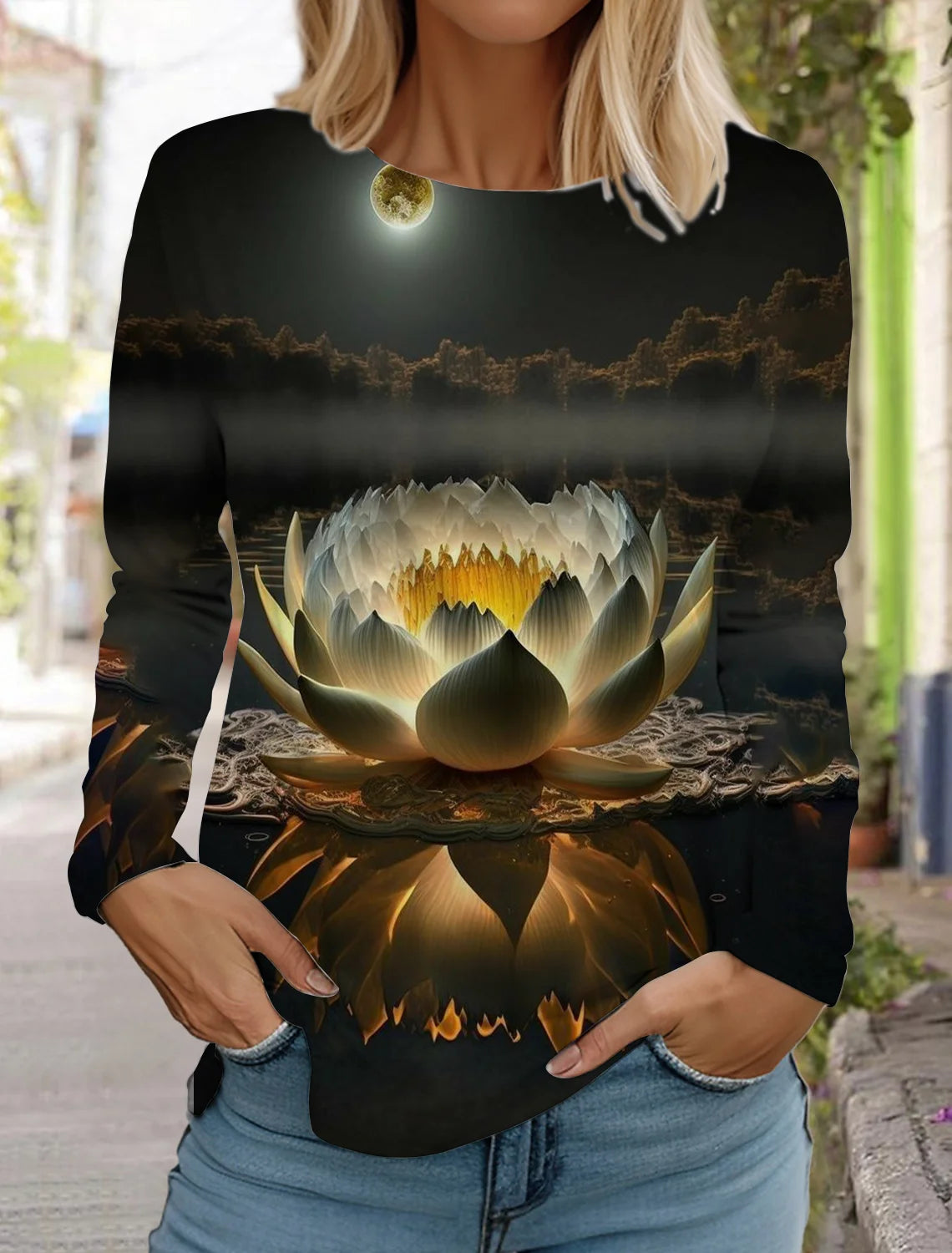 2024 women's fashion retro tops long sleeve round neck pullover casual long sleeve t-shirt new 3d printed lotus print t-shirt