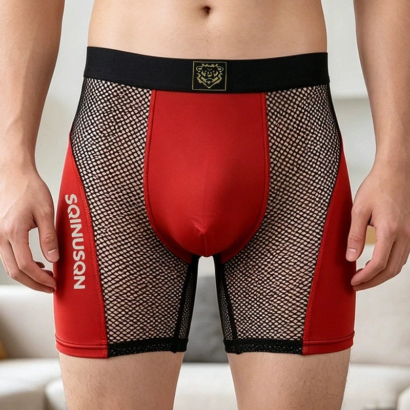 L-3XL Men's Mesh Ice Silk Boxer Shorts Summer Breathable Sports Underwear with Glow-in-the-Dark Letters – Quick Dry & Anti-Chafe