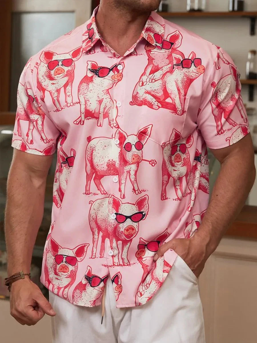 Men's shirt 3D cute pig animal print high-quality men's clothing loose oversized shirt fashionable casual short sleeved