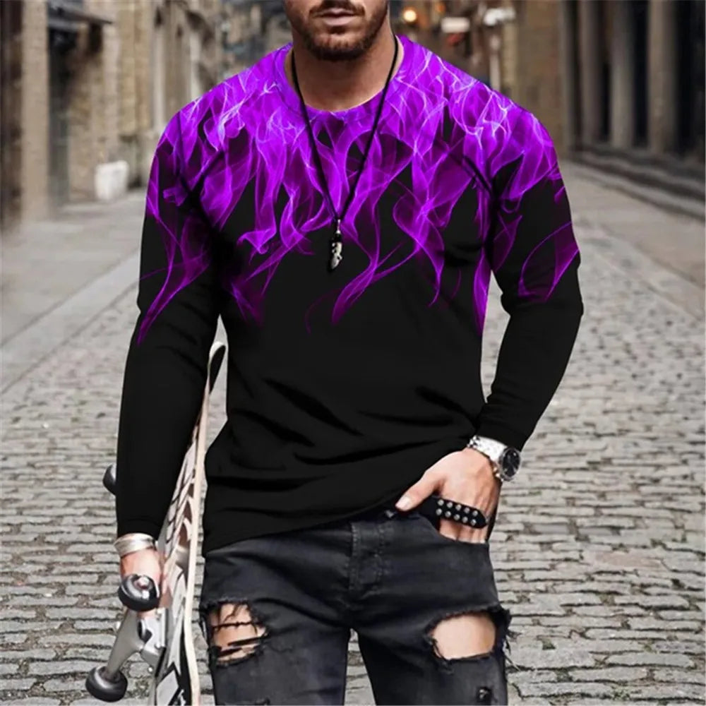 Retro Flame Series 3D Print Summer Men's O-Neck T-shirt Casual Long Sleeve T-Shirt Oversized Pullover Fashion Trend Men Clothing